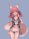  1girl animal_ear_fluff animal_ears arm_at_side black_bow black_panties bow clenched_hand drawfag fate_(series) fox_ears fox_tail frilled_panties frills grey_background groin hair_bow hairband highres midriff navel panties pink_hair short_twintails simple_background solo standing tail tamamo_(fate)_(all) twintails underwear white_bow yellow_eyes 