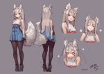  +_+ 1girl animal_ear_fluff animal_ears back backless_outfit bangs bare_shoulders black_footwear black_gloves black_legwear black_skirt blush breasts commentary_request dated eyebrows_visible_through_hair fang fox_ears fox_girl fox_tail full_body gloves hair_between_eyes high_heels japanese_clothes long_hair looking_at_viewer original pantyhose red_eyes short_eyebrows signature silver_hair simple_background skirt sleeveless small_breasts smile solo standing suzuno_(bookshelf) tail thick_eyebrows twitter_username 