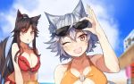  2girls ;d adjusting_eyewear animal_ear_fluff animal_ears arm_up ball bangs bare_arms bare_shoulders beachball bikini blue_sky blurry blurry_background blush breasts brown_hair cleavage collarbone commentary_request day eyebrows_visible_through_hair eyewear_on_head fang hair_between_eyes hair_tie holding holding_ball imaizumi_kagerou inubashiri_momiji kasuka_(kusuki) large_breasts long_hair long_ponytail looking_at_viewer multiple_girls navel one_eye_closed open_mouth orange_bikini outdoors ponytail red_bikini red_eyes sidelocks silver_hair sky smile stomach sunglasses swimsuit tail touhou upper_body v-shaped_eyebrows very_long_hair wolf_ears wolf_tail 