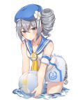  1girl absurdres anchor_print anchor_symbol ball beachball benghuai_xueyuan beret blush bronya_zaychik dated dress drill_hair flower grey_eyes hair_between_eyes hat hat_flower highres holding_beachball honkai_impact ky_(ky990533) leaning_forward long_hair looking_at_viewer outdoors sailor_collar short_dress silver_hair solo twin_drills wading wet wet_hair white_background 