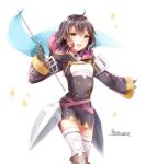  1girl ayame_(norie11) black_gloves black_hair fire_emblem fire_emblem:_kakusei fire_emblem_heroes flag gloves holding holding_flag hood hood_down long_sleeves mark_(female)_(fire_emblem) mark_(fire_emblem) nintendo open_mouth short_hair signature simple_background solo violet_eyes white_background 