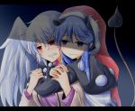  2girls animal_ears bangs beige_jacket black_dress blue_background blue_eyes blue_hair blush breasts clenched_teeth commentary_request crying crying_with_eyes_open doremy_sweet dress empty_eyes eyebrows_visible_through_hair feathered_wings gradient gradient_background hair_between_eyes hands_up happy_tears hat head_tilt hug hug_from_behind jacket kishin_sagume large_breasts letterboxed long_sleeves looking_at_another multicolored multicolored_clothes multicolored_dress multiple_girls open_clothes open_jacket oshiaki pom_pom_(clothes) purple_dress red_eyes red_hat santa_hat shadow short_hair sidelocks silver_hair single_wing smile tail tapir_ears tapir_tail tears teeth touhou upper_body white_dress white_wings wings yuri 