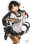  1girl ahoge apron bangs black_hair black_skirt blush breasts brown_eyes brown_legwear dated fish floating_heart hadanugi_dousa hand_up head_tilt highres holding holding_plate japanese_clothes kantai_collection leg_up long_hair low-tied_long_hair one_eye_closed open_mouth plate pleated_skirt saury shouhou_(kantai_collection) sidelocks signature simple_background skirt smile solo thigh-highs toka_(marchlizard) white_background 