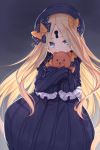  1girl abigail_williams_(fate/grand_order) bangs black_bow black_dress black_hat blonde_hair blue_eyes blush bow commentary_request covered_mouth dress eyebrows_visible_through_hair fate/grand_order fate_(series) gradient gradient_background grey_background hair_bow hat head_tilt keyhole long_hair long_sleeves looking_at_viewer m-ya object_hug orange_bow parted_bangs polka_dot polka_dot_bow sleeves_past_fingers sleeves_past_wrists solo stuffed_animal stuffed_toy teddy_bear very_long_hair 