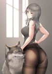  1girl animal_ears ass bare_shoulders black_legwear breasts crotch_seam dog_ears grey_hair hand_on_hip hayabusa highres large_breasts long_hair looking_back mole mole_under_eye original panties panties_under_pantyhose pantyhose ribbed_sweater solo sweater thighband_pantyhose underwear yellow_eyes 