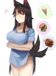  1girl alternate_costume animal_ear_fluff animal_ears arms_under_breasts bangs blue_shirt blush boned_meat breasts brown_hair cleavage collarbone commentary_request contemporary cowboy_shot crossed_arms drooling eyebrows_visible_through_hair food green_panties hair_between_eyes hamburger ice_cream imaizumi_kagerou kasuka_(kusuki) large_breasts long_hair looking_at_viewer meat no_pants nose_blush one_eye_closed panties red_eyes shirt short_sleeves simple_background solo spoken_food squiggle standing sweat tail tail_wagging thighs touhou underwear very_long_hair white_background wolf_ears wolf_tail 