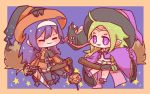  2girls :3 blue_hair broom broom_riding chibi circlet closed_eyes detached_sleeves fire_emblem fire_emblem:_kakusei fire_emblem:_souen_no_kiseki fire_emblem_heroes green_hair hat headband lantern long_hair mamkute multiple_girls nintendo nowi_(fire_emblem) parted_lips pointy_ears suzuhi21 violet_eyes wayu_(fire_emblem) white_headband witch_hat 