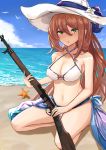  1girl alternate_costume alternate_hairstyle bangs bare_shoulders beach bikini bird blue_sarong blue_sky blush bolt_action breasts brown_hair cleavage clouds collarbone day eyebrows_visible_through_hair girls_frontline green_eyes gun hair_between_eyes hair_rings hat highres holding holding_gun holding_weapon large_breasts long_hair looking_at_viewer m1903_springfield m1903_springfield_(girls_frontline) navel ocean open_mouth outdoors ponytail ribbon rifle sand sarong seagull seiza sidelocks sitting sky smile solo starfish stomach sun_hat swimsuit tark1122 thighs weapon white_bikini 