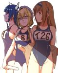  3girls alternate_hairstyle beret blonde_hair blue_eyes blue_hair blue_swimsuit breasts cowboy_shot hair_down hair_ribbon hairband hat highleg highleg_swimsuit i-19_(kantai_collection) i-26_(kantai_collection) i-8_(kantai_collection) kantai_collection large_breasts light_brown_eyes light_brown_hair long_hair looking_to_the_side low_twintails multiple_girls name_tag new_school_swimsuit one-piece_swimsuit red_eyes ribbon school_swimsuit swimsuit thigh_gap tri_tails twintails two-tone_hairband uyama_hajime white_hat 