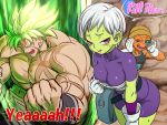 1girl 2boys abs aura biceps broly broly_(dragon_ball_super) cheelai dragon_ball dragon_ball_super dragon_ball_super_broly english fushisha_o gloves green_skin leaning_forward looking_at_viewer multiple_boys open_mouth pectorals scar scouter shirtless short_hair skin_tight smile spiky_hair super_saiyan sweat violet_eyes white_gloves 