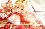 1girl :d absurdres ahoge animal backlighting bangs bird blonde_hair blurry blurry_background breasts cleavage collarbone commentary depth_of_field dress dutch_angle epaulettes eyebrows_visible_through_hair fate/extra fate_(series) gauntlets green_eyes hair_between_eyes hair_intakes highres juliet_sleeves junpaku_karen large_breasts long_hair long_sleeves nero_claudius_(fate) nero_claudius_(fate)_(all) open_mouth petals pixiv_id puffy_sleeves red_dress smile solo symbol_commentary upper_teeth 