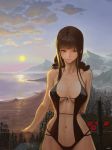  1girl absurdres ahoge alternate_costume bangs bare_shoulders blunt_bangs blush breasts brown_hair cleavage clouds collarbone covered_nipples cowboy_shot dsr-50_(girls_frontline) eyebrows_visible_through_hair flower girls_frontline groin highres large_breasts long_hair looking_at_viewer mountainous_horizon navel ocean oclet_1 red_eyes red_flower scenery sidelocks signature smile solo stomach sun sunset swimsuit thighs very_long_hair 