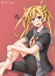  1girl abukuma_(kantai_collection) anti_(untea9) bike_shorts black_gloves black_jacket blonde_hair blue_eyes commentary_request double_bun feet_out_of_frame gloves grey_sailor_collar grey_skirt hair_rings highres jacket kantai_collection long_hair looking_at_viewer neck_ribbon open_mouth partly_fingerless_gloves red_background red_ribbon remodel_(kantai_collection) ribbon sailor_collar shorts shorts_under_skirt simple_background sitting skirt solo twitter_username 