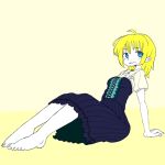  1girl arm_support barefoot blonde_hair blue_eyes breasts collared_dress dress eyebrows_visible_through_hair full_body gobori leaning_back medium_hair open_mouth original pale_skin puffy_short_sleeves puffy_sleeves short_sleeves sitting solo two-tone_background yellow_background 