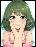  1girl bangs bare_shoulders blue_eyes blue_nails blush cardigan collarbone eyelashes green_eyes green_hair grin hands_on_own_cheeks hands_on_own_face heterochromia idolmaster idolmaster_cinderella_girls looking_at_viewer mole mole_under_eye nail_polish off_shoulder omaru_gyuunyuu open_cardigan open_clothes pink_camisole pink_sweater short_hair smile solo sweater swept_bangs takagaki_kaede white_background 