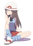  1girl agata_(agatha) bare_shoulders blue_(pokemon) blue_legwear blue_shirt brown_eyes brown_hair closed_mouth creatures_(company) game_freak hat long_hair looking_at_viewer miniskirt nintendo pokemon pokemon_(game) pokemon_frlg porkpie_hat red_skirt shadow shirt shoes simple_background sitting skirt smile socks solo straight_hair tank_top twitter_username white_background white_footwear white_hat wristband 