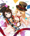  2girls :d band_uniform bang_dream! bangs black_hair blonde_hair blue_eyes blush bow bowtie breasts carrying cleavage confetti dress earrings gloves hair_ornament hairclip hat hat_bow jacket jewelry long_hair long_sleeves looking_at_viewer medium_breasts michelle_(bang_dream!) multiple_girls okusawa_misaki open_mouth polka_dot_neckwear pom_pom_(clothes) princess_carry red_bow short_hair smile smiley_face streamers sweatdrop tokkyu_(user_mwwe3558) top_hat tsurumaki_kokoro yellow_eyes 