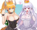  2girls absurdres bare_shoulders blue_earrings blue_eyes boo bowsette bracelet breasts choker cleavage clenched_teeth collar collarbone commentary_request covered_navel crown dress earrings eyebrows_visible_through_hair frilled_choker frills gloves hair_between_eyes highres horns jewelry large_breasts looking_at_viewer super_mario_bros. multiple_girls new_super_mario_bros._u_deluxe nintendo pipipipyu princess_king_boo puffy_short_sleeves puffy_sleeves red_earrings red_eyes short_sleeves slit_pupils smile spiked_bracelet spiked_collar spikes super_crown tail teeth tongue tongue_out white_choker white_dress white_gloves 