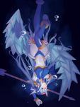  1girl android blue_eyes blue_hair bodysuit bracelet breasts bubble covered_navel dark_background gloves helmet highres ice ice_dragon jewelry large_breasts leviathan_(rockman) long_hair nichts_(nil) polearm rockman rockman_zero solo spear thigh-highs underwater upside-down weapon 