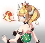  1girl absurdres armlet bare_shoulders black_nails blonde_hair blue_eyes blush bowsette bracelet breasts breathing_fire collar crown eyebrows_visible_through_hair fire gradient gradient_background grey_background grin hair_between_eyes highres horns jewelry large_breasts long_hair looking_at_viewer looking_back super_mario_bros. nail_polish new_super_mario_bros._u_deluxe nintendo pointy_ears ponytail sideboob simple_background smile solo spiked_armlet spiked_bracelet spiked_collar spikes ssogari super_crown teeth upper_body white_background 
