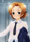 1girl artist_name bangs black_bow black_neckwear blue_eyes blue_sweater blush bow braid bralines closed_mouth commentary_request dress_shirt girls_und_panzer hair_bow haruhata_mutsuki holding long_sleeves looking_at_viewer necktie orange_hair orange_pekoe parted_bangs school_uniform see-through shirt short_hair signature smile solo standing sweater sweater_removed tied_hair twin_braids twintails twitter_username untucked_shirt upper_body wet wet_clothes wet_hair wet_shirt white_shirt 