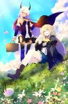  2girls ;d arm_warmers bare_shoulders benio_(dontsugel) black_footwear black_legwear black_skirt blonde_hair blue_eyes blue_legwear blue_skirt blue_sky boots cape clouds copyright_request day detached_collar grass hand_on_hip horns long_hair long_sleeves looking_at_viewer multiple_girls official_art one_eye_closed open_mouth pale_skin picnic_basket puffy_long_sleeves puffy_sleeves red_cape sitting skirt sky smile standing tan very_long_hair white_hair yellow_neckwear 