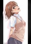  1girl arched_back arms_behind_back brown_eyes brown_hair cowboy_shot dress_shirt grey_skirt looking_at_viewer misaka_mikoto pleated_skirt puma_(hyuma1219) shirt short_hair short_sleeves skirt solo sweater_vest to_aru_kagaku_no_railgun to_aru_majutsu_no_index tokiwadai_school_uniform twitter_username 