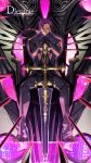  1boy artist_request dies_irae dies_irae_pantheon formal full_body hair_over_one_eye hair_pulled_back highres legs_apart loafers looking_at_viewer necktie official_art planted_sword planted_weapon ponytail purple_hair shoes sitting smirk suit sword throne violet_eyes weapon 