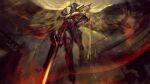  1boy aatrox armor flying glowing glowing_eyes gradient gradient_background highres holding holding_sword holding_weapon league_of_legends male_focus muscular muscular_male solo sword weapon wings wutu_(1183238220) 