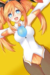  1girl :d animal_ears armpits arms_up bare_shoulders blue_eyes blush breasts commentary_request cowboy_shot elbow_gloves fishnet_pantyhose fishnets gloves hair_between_eyes hips iwasi-r leotard long_hair looking_at_viewer medium_breasts neptune_(series) open_mouth orange_hair orange_heart pantyhose power_symbol rabbit_ears shin_jigen_game_neptune_vii simple_background skin_tight smile solo symbol-shaped_pupils thigh_gap twintails 