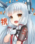  1girl :d blurry bow brown_eyes commentary_request depth_of_field gloves hair_bow hair_ribbon highres kantai_collection long_hair looking_at_viewer murakumo_(kantai_collection) open_mouth pointing remodel_(kantai_collection) ribbon school_uniform serafuku signal_flag silver_hair smile soba_(sobaya1938) solo translated tress_ribbon 