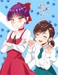  2girls ^_^ blue_background blush brown_hair closed_eyes closed_mouth crossed_arms dress fang gegege_no_kitarou green_neckwear hair_ornament hair_ribbon hairclip inuyama_mana kisaragi_ichigo long_sleeves multiple_girls necktie nekomusume nekomusume_(gegege_no_kitarou_6) open_mouth pointy_ears purple_hair red_dress red_ribbon ribbon short_hair smile translated 