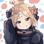  1girl :p abigail_williams_(fate/grand_order) absurdres arm_up bangs black_bow black_jacket blonde_hair blush bow closed_mouth commentary_request crossed_bandaids dyson_(edaokunnsaikouya) fate/grand_order fate_(series) green_eyes hair_bow hair_bun head_tilt heroic_spirit_traveling_outfit highres jacket long_hair long_sleeves looking_at_viewer orange_bow parted_bangs polka_dot polka_dot_bow sleeves_past_fingers sleeves_past_wrists smile solo tongue tongue_out upper_body 