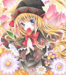  1girl bangs black_dress black_hat blonde_hair blue_eyes blush bow bowtie capelet commentary covering_mouth daisy dress eyebrows_visible_through_hair fairy_wings floating_hair floral_background flower hat head_tilt holding holding_flower lily_black lily_white long_hair long_sleeves looking_at_viewer marker_(medium) mizame pansy petals red_bow solo touhou traditional_media tulip very_long_hair wide_sleeves wings 