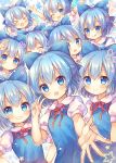  &gt;_&lt; 6+girls :d ;d ahoge arm_up arms_up bangs blue_bow blue_dress blue_eyes blue_hair blush bow cirno closed_eyes closed_mouth collared_shirt commentary_request dress dress_shirt eyebrows_visible_through_hair fingernails grin hair_between_eyes hair_bow hands_up multiple_girls multiple_persona neck_ribbon one_eye_closed open_mouth pjrmhm_coa puffy_short_sleeves puffy_sleeves red_ribbon ribbon shirt short_hair short_sleeves sleeveless sleeveless_dress smile touhou v white_shirt xd 