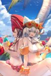  2girls animal_hat bandanna barefoot bikini bird breasts brown_hair cat_hat character_request closed_eyes clouds collarbone copyright_request eating fang flower frilled_bikini frills goggles goggles_on_head hat highres large_breasts multiple_girls navel open_mouth palm_tree seagull shaved_ice short_hair siki_00 sky star star-shaped_pupils swimsuit symbol-shaped_pupils tree white_hair 