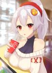  1girl :o absurdres alternate_costume bare_shoulders bendy_straw breasts commentary_request cross-laced_clothes cup day disposable_cup drinking drinking_straw fate/grand_order fate_(series) hair_ornament hair_scrunchie highres holding holding_cup indoors large_breasts logo_parody long_hair long_sleeves looking_at_viewer minami_osu mitsudomoe_(shape) off-shoulder_sweater open_mouth ponytail red_eyes ribbed_sweater scrunchie silver_hair sitting sitting_on_table solo sweater tomoe_(symbol) tomoe_gozen_(fate/grand_order) undershirt wcdonalds 