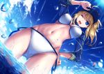  1girl ahoge artoria_pendragon_(all) baseball_cap bikini blonde_hair blue_eyes blue_hat breasts clouds day fate/grand_order fate_(series) from_below hair_through_headwear hand_on_hip hat long_hair looking_at_viewer medium_breasts morizono_shiki mysterious_heroine_xx_(foreigner) navel one_eye_closed outdoors ponytail shrug_(clothing) side-tie_bikini sky solo standing swimsuit wading white_bikini 