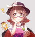  !! +_+ 2girls 60mai :3 :d :t animal_ears bangs black_cape black_hat blonde_hair blush bow brown_eyes brown_hair brown_hat cape cellphone commentary crop_top dango eyebrows_visible_through_hair flat_cap food glasses grey_background hand_on_own_cheek hand_up hat hat_bow high_collar holding holding_food holding_phone looking_at_viewer low_twintails midriff multiple_girls navel open_mouth orange_shirt phone puffy_short_sleeves puffy_sleeves purple_vest rabbit_ears red-framed_eyewear ringo_(touhou) sanshoku_dango shirt short_hair short_sleeves simple_background skull smartphone smile stomach touhou twintails upper_body usami_sumireko v vest violet_detector wagashi white_bow white_shirt |_| 