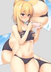  1girl animal_ears ass azur_lane bangs bare_shoulders bikini blonde_hair blush body_mahattaya_ginga breasts cellphone closed_mouth collarbone eyebrows_visible_through_hair grey_background grey_bikini hair_between_eyes hips multiple_views navel phone short_hair_with_long_locks sidelocks simple_background small_breasts solo swimsuit thighs violet_eyes waist warspite_(azur_lane) 