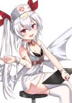  1girl :d azur_lane bandage bandaged_arm bandages bandaid_on_arm bandaid_on_finger bandaid_on_hand bangs bare_shoulders bat_wings bikini_top black_bikini_top blush breasts dress eyebrows_visible_through_hair fang fingernails garter_straps hair_between_eyes hair_ribbon hat head_tilt heart highres holding legs_crossed long_hair low_wings nurse_cap open_mouth red_eyes red_ribbon ribbon silver_hair simple_background sitting sleeveless sleeveless_dress small_breasts smile solo stool thigh-highs tsukiman twintails vampire_(azur_lane) very_long_hair white_background white_dress white_hat white_legwear white_wings wings 