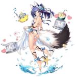  1girl adapted_costume animal_ears ass azur_lane bare_shoulders barefoot bikini blue_eyes blue_hair breasts eyebrows_visible_through_hair flower hair_flower hair_ornament jianren jintsuu_(azur_lane) long_hair looking_at_viewer official_art ponytail solo swimsuit tail transparent_background 