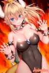  &gt;:) 1girl adapted_costume armlet artist_name bare_shoulders black_leotard blonde_hair blue_eyes blush bowsette bracelet breasts claw_pose cleavage closed_mouth collar collarbone commentary_request crown dutch_angle earrings fangs fangs_out fingernails fire gem highleg highleg_leotard horns jewelry large_breasts leotard long_fingernails long_hair super_mario_bros. nail_polish new_super_mario_bros._u_deluxe nintendo pink_lips pointy_ears ponytail shiny shiny_skin sidelocks smile solo spiked_armlet spiked_bracelet spiked_collar spiked_shell spiked_tail spikes strapless strapless_leotard super_crown tail turtle_shell v-shaped_eyebrows xayux 