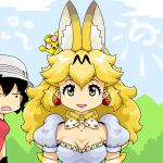  2girls animal_ear_fluff animal_ears black_hair blonde_hair bow bowtie collarbone crossover earrings elbow_gloves gloves helmet jewelry kaban_(kemono_friends) kemono_friends long_hair looking_at_viewer lowres super_mario_bros. multicolored_hair multiple_girls new_super_mario_bros._u_deluxe nintendo open_mouth parody pith_helmet puffy_short_sleeves puffy_sleeves red_earrings rf serval_(kemono_friends) serval_ears serval_print short_hair short_sleeves super_crown tareme tokyo_mx two-tone_hair upper_body 