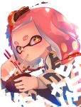  +_+ 1girl anpan bowl chopsticks eating food food_in_mouth food_on_head haori highres hime_(splatoon) holding holding_bowl holding_chopsticks japanese_clothes kashu_(hizake) long_sleeves looking_at_viewer medium_hair mole mole_under_mouth nintendo object_on_head oshiruko_(food) pink_eyes pink_hair short_eyebrows sideways_glance signature simple_background solo splatoon splatoon_2 tentacle_hair thick_eyebrows upper_body white_background wide_sleeves 