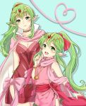  2girls :d age_difference aqua_background arm_behind_back bare_shoulders blush bracelet breasts bridal_gauntlets cape chiki cleavage closed_mouth dress dual_persona female fire_emblem fire_emblem:_kakusei fire_emblem:_mystery_of_the_emblem gem green_eyes green_hair hair_between_eyes hair_ribbon hand_up happy haru_(nakajou-28) head_tilt headpiece heart highres jewelry long_hair looking_at_viewer mamkute medium_breasts multiple_girls neck neck_ring nintendo open_mouth pendant pink_cape pink_dress pink_scarf pointy_ears ponytail red_dress red_ribbon ribbon round_teeth ruby_(stone) scarf short_dress side_slit sidelocks simple_background smile standing teeth upper_teeth 