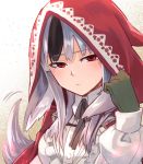  1girl animal_ears black_hair closed_mouth fire_emblem fire_emblem_if gloves grey_hair highres hood hood_up long_sleeves multicolored_hair nakabayashi_zun nintendo red_eyes simple_background solo two-tone_hair velour_(fire_emblem_if) white_background wolf_ears 