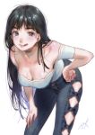 1girl :q bangs bare_shoulders black_hair blush breasts brown_eyes cleavage collarbone commentary_request denim eyebrows_visible_through_hair feet_out_of_frame fingernails hand_on_hip hand_on_own_thigh jeans kamiyama_aya large_breasts leaning_forward long_hair looking_at_viewer off-shoulder_shirt original pants shirt signature simple_background smile solo standing tongue tongue_out white_background 