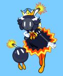  1girl black_hair black_skin blue_background bob-omb boots bow dress dual_persona earrings eyelashes flipped_hair fuse gloves jewelry super_mario_bros. new_super_mario_bros._u_deluxe nintendo short_hair simple_background sorryap super_crown transformation white_eyes white_gloves winding_key yellow_bow yellow_footwear |_| 