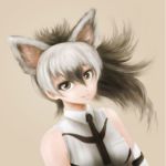  1girl aardwolf_(kemono_friends) aardwolf_ears aardwolf_girl bangs bare_shoulders beige_background black_hair black_neckwear breast_pocket breasts closed_mouth collared_shirt commentary_request eyelashes kemono_friends light_smile long_hair looking_at_viewer multicolored_hair necktie pocket realistic sepia shirt short_necktie sleeveless sleeveless_shirt solo stealstitaniums two-tone_hair upper_body white_hair white_shirt wing_collar 